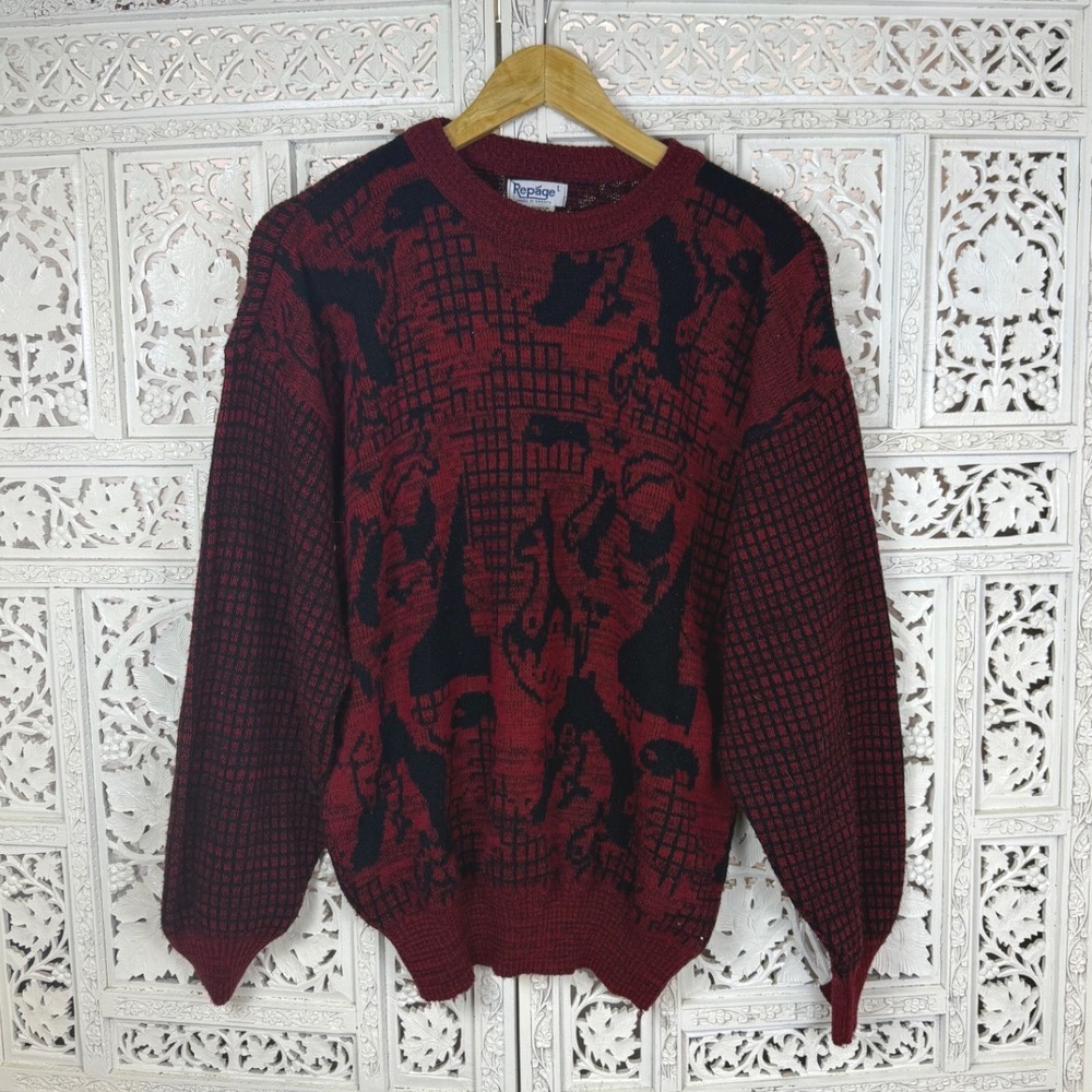 Vtg Red & Black Crewneck Sweater Sz Womens Large‎ Grandpa Retro Granny